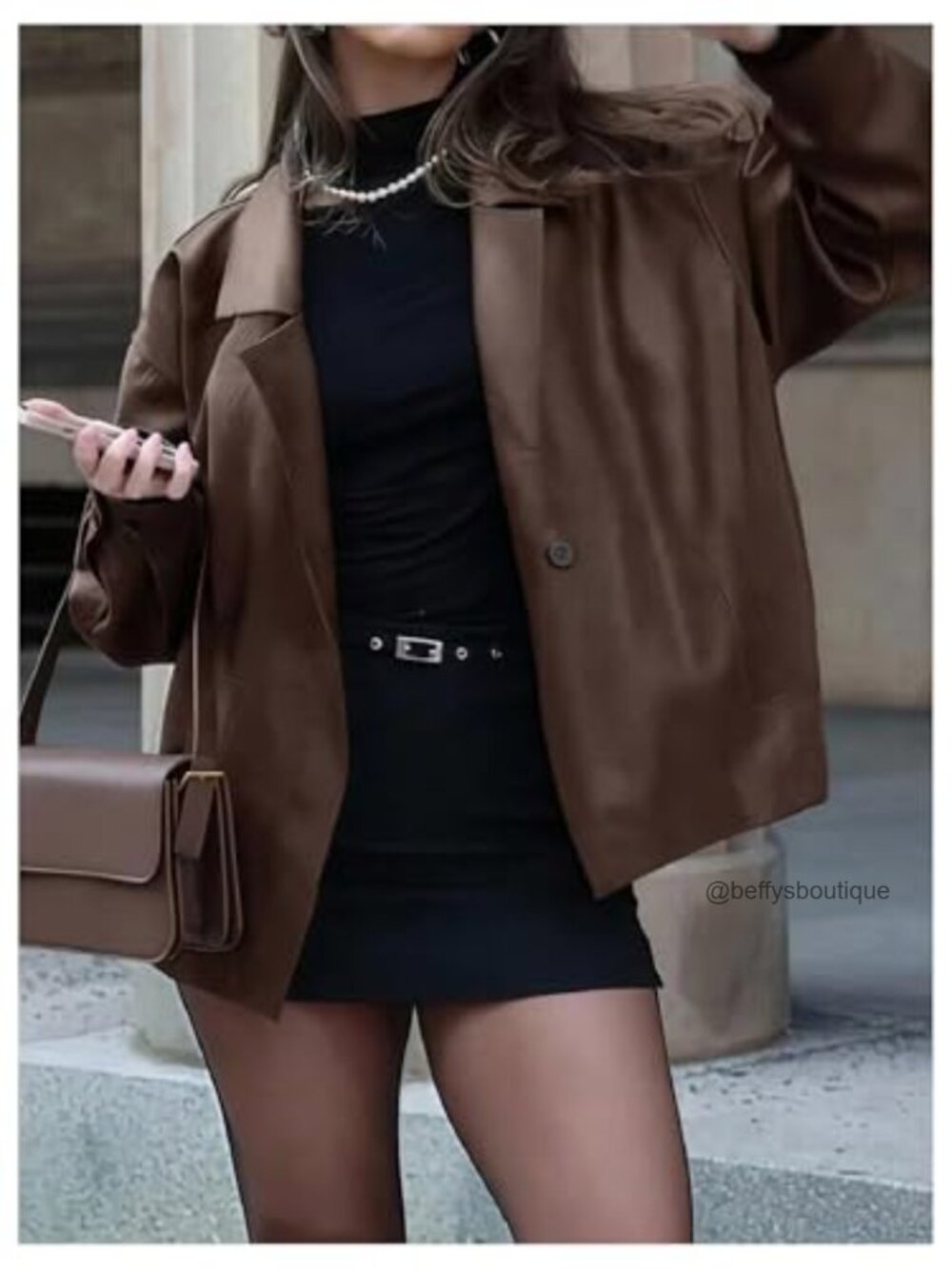 Faux Leather Lapel Collar Blazer Open Front Oversized Business Work Jacket - Picture 3 of 4